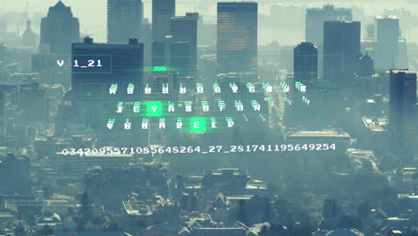 Animation-of-illuminated-pattern-moving-over-letters-and-numbers-over-modern-cityscape