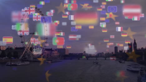 Animation-Einer-Wehenden-EU-Flagge-über-Miniaturflaggen-Der-EU-Länder,-Die-Vor-Der-Stadtlandschaft-Schweben