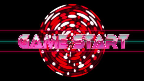 Animation-of-game-start-text-banner-over-abstract-red-circular-shapes-against-black-background