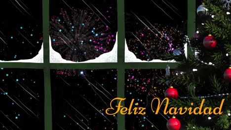 Animation-of-feliz-navidad-text-and-christmas-tree-against-view-of-fireworks-exploding-from-window