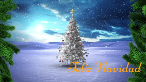 Animation-of-snow-falling-over-feliz-navidad-text-banner-and-christmas-tree-on-winter-landscape