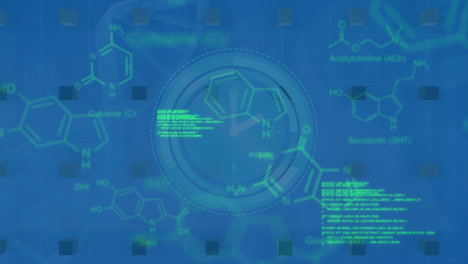 Animation-of-neon-ticking-clock-over-chemical-structures-and-data-processing-on-blue-background