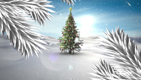 Animation-Von-Zweigen-Und-Schnee,-Der-über-Einen-Geschmückten-Weihnachtsbaum-In-Einer-Winterlandschaft-Fällt