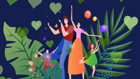 Animation-Einer-Glücklichen-Familie-Auf-Blauem-Hintergrund-Mit-Blättern-Und-Herzen