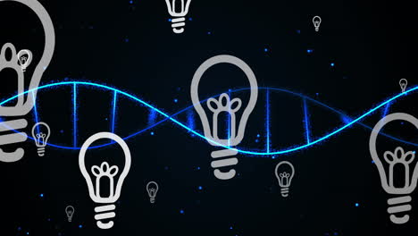 Animation-of-multiple-bulb-icons-floating-over-spinning-dna-structure-against-black-background