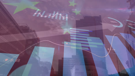 Animation-of-china-flag-over-graphs-and-office-buildings
