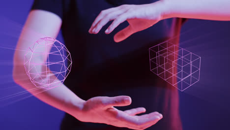 Animation-of-glowing-3d-shapes-of-data-transfer-over-hands-of-asian-man