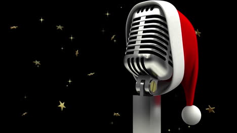 Retro-Mikrofon-Mit-Weihnachtsmütze-über-Goldenen-Sternen-Auf-Schwarzem-Hintergrund