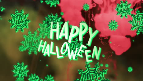 Animation-of-happy-halloween-text-and-spiderwebs-over-pink-to-brown-background