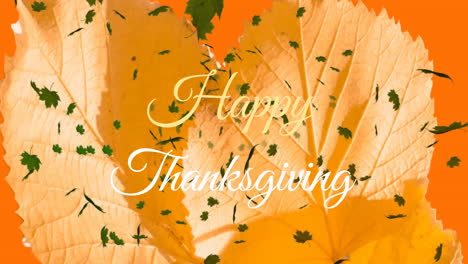Animation-of-happy-thanksgiving-text-banner-over-maple-leaves-floating-against-orange-background