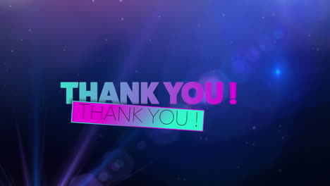 Animation-of-thank-you-text-banner-against-light-spot-and-lens-flare-on-purple-background