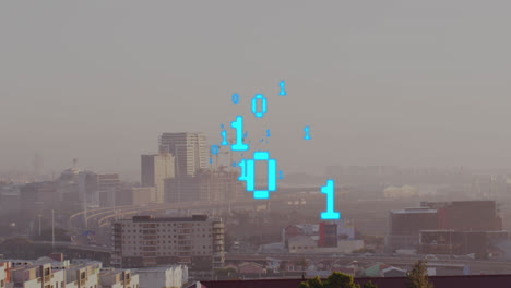 Animation-Der-Binären-Codierungsdatenverarbeitung-über-Dem-Stadtbild