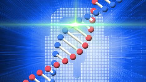 Animation-of-light-beam-moving-over-3d-dna-rotating,-lock-icon-on-blue-digital-interface