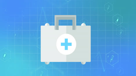 Animation-Von-Medizinischen-Symbolen-Und-Medizinischem-Kit-Auf-Blauem-Hintergrund