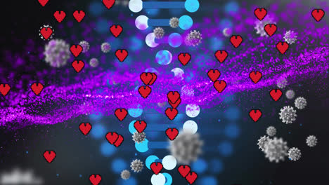 Animation-of-floating-heart-shapes,-dna-helix-and-abstract-pattern-over-white-blood-cells