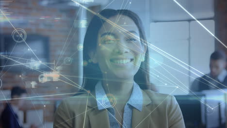 Animation-of-network-of-connections-against-portrait-of-african-american-woman-smiling-at-office