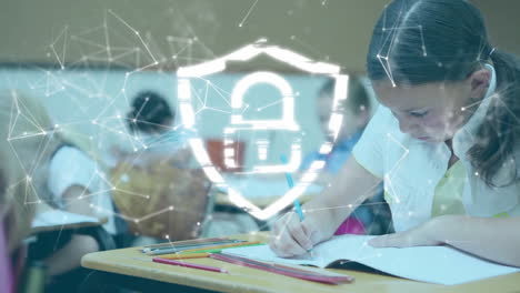 Animation-of-security-padlock-and-shield-icon-against-biracial-girl-studying-in-the-class-at-school