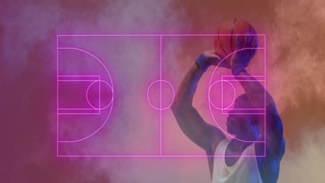 Animation-Eines-Rosafarbenen-Spielfelds-Und-Einer-Explosion-über-Einem-Afroamerikanischen-Basketballspieler,-Der-Einen-Ball-Wirft