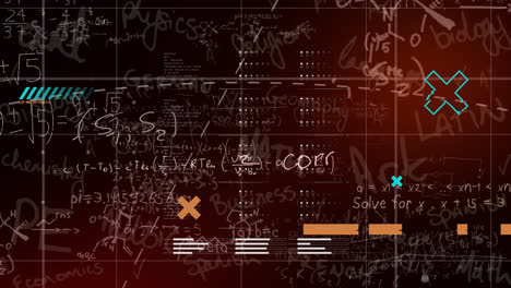 Animation-of-mathematical-equations-and-data-processing-on-black-background