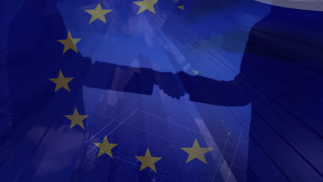 Animation-Der-Flagge-Der-Europäischen-Union-über-Einem-Geschäftsmann-Und-Einer-Geschäftsfrau-Beim-Händeschütteln