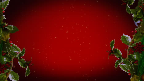 Animation-of-christmas-holly-leaves-and-berries-around-snow-falling-over-red-copy-space-background