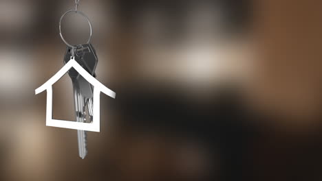 Animation-of-hanging-silver-house-keys-against-blurred-background-with-copy-space