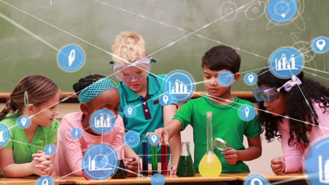 Animation-of-network-of-digital-icons-over-diverse-students-performing-experiment-in-science-class
