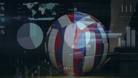 Animation-of-data-processing-and-football-with-flag-of-netherlands-over-soccer-player-kicking