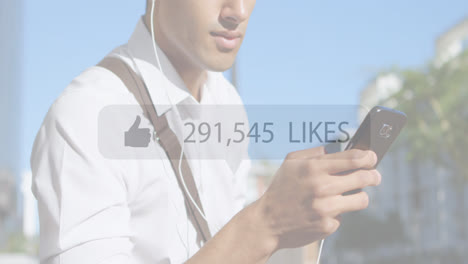 Animation-of-social-media-reactions-over-midsection-of-caucasian-businessman-using-smartphone