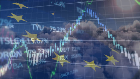Animation-of-data-processing-and-stock-market-over-flag-of-eu-and-clouds