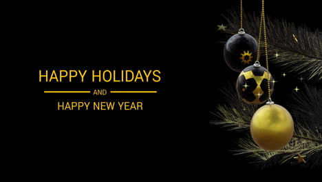 Happy-holidays-and-happy-new-year-text-with-black-and-gold-christmas-baubles-and-stars-on-black