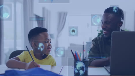 Animation-of-data-processing-over-african-american-father-helping-his-son-with-homework-at-home