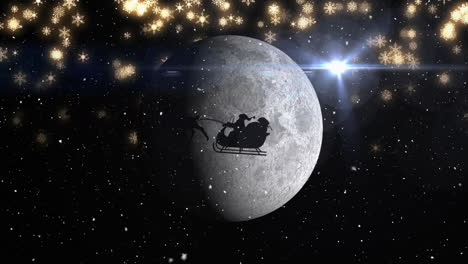 Animation-of-snowflakes-over-silhouette-of-santa-claus-in-sleigh-pulled-by-reindeers-against-moon