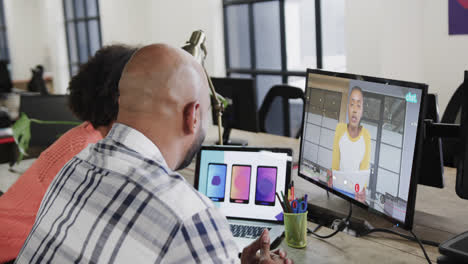 African-american-business-people-on-video-call-with-african-american-male-colleague-on-screen
