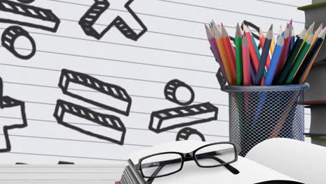 Animation-of-glasses,-book,-pencil-stand-over-mathematical-symbols-on-white-lined-paper-background
