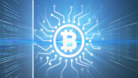 Animation-of-bitcoin,-integrated-circuit-and-data-on-blue-background