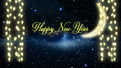 Animation-of-snow-falling-over-happy-new-year-text-banner-and-fairy-lights-against-night-sky