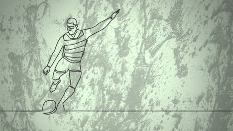 Animation-Der-Zeichnung-Eines-Männlichen-Rugbyspielers,-Der-Einen-Ball-Kickt,-Und-Formen-Auf-Grünem-Hintergrund