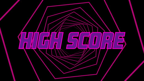 Animation-of-high-score-pink-text-over-tunnel-of-glowing-hexagons
