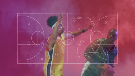Animation-of-game-tactic-diagram-over-african-american-male-basketball-opponent-players-with-ball
