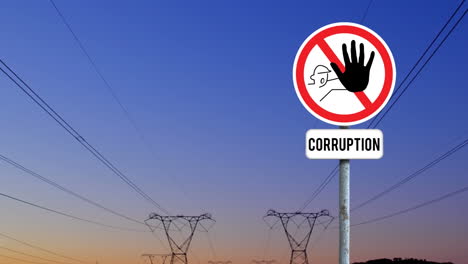 Animation-of-stop-curruption-sign-board-against-network-towers-and-sunset-sky