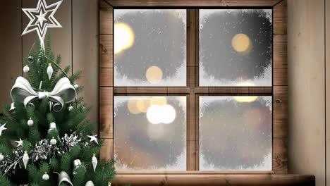 Animation-of-christmas-tree-window-over-snow-falling-and-cars