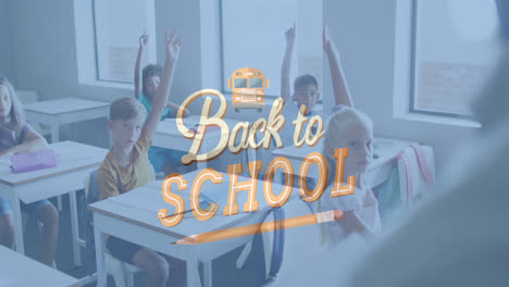 Animation-of-back-to-school-text-and-school-bus-icon-over-diverse-teacher-and-schoolchildren