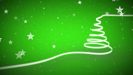 Animation-of-stars-floating,-snow-falling-over-ribbon-forming-a-christmas-tree-on-green-background