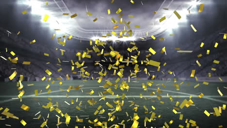 Animation-of-golden-confetti-falling-against-view-of-soccer-stadium