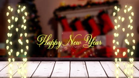 Animation-of-happy-new-year-text-banner-and-hanging-fairy-lights-over-wooden-plank-against-house