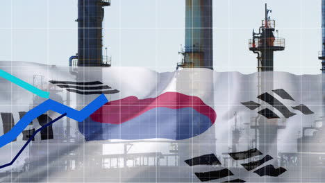 Animation-of-blue-diagrams-and-flag-of-south-korea-over-factory