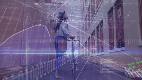 Animation-of-computer-language,-binary-codes,-trading-boards,-biracial-woman-walking-with-bicycle