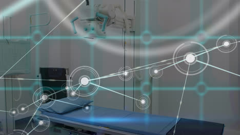 Animation-of-network-of-connections-with-icons-and-shapes-over-hospital-bed-in-hospital