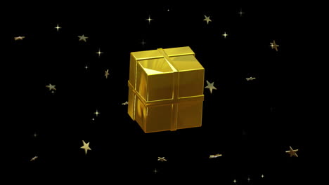 Regalo-De-Navidad-Dorado-Girando-Con-Estrellas-Doradas-Sobre-Fondo-Negro